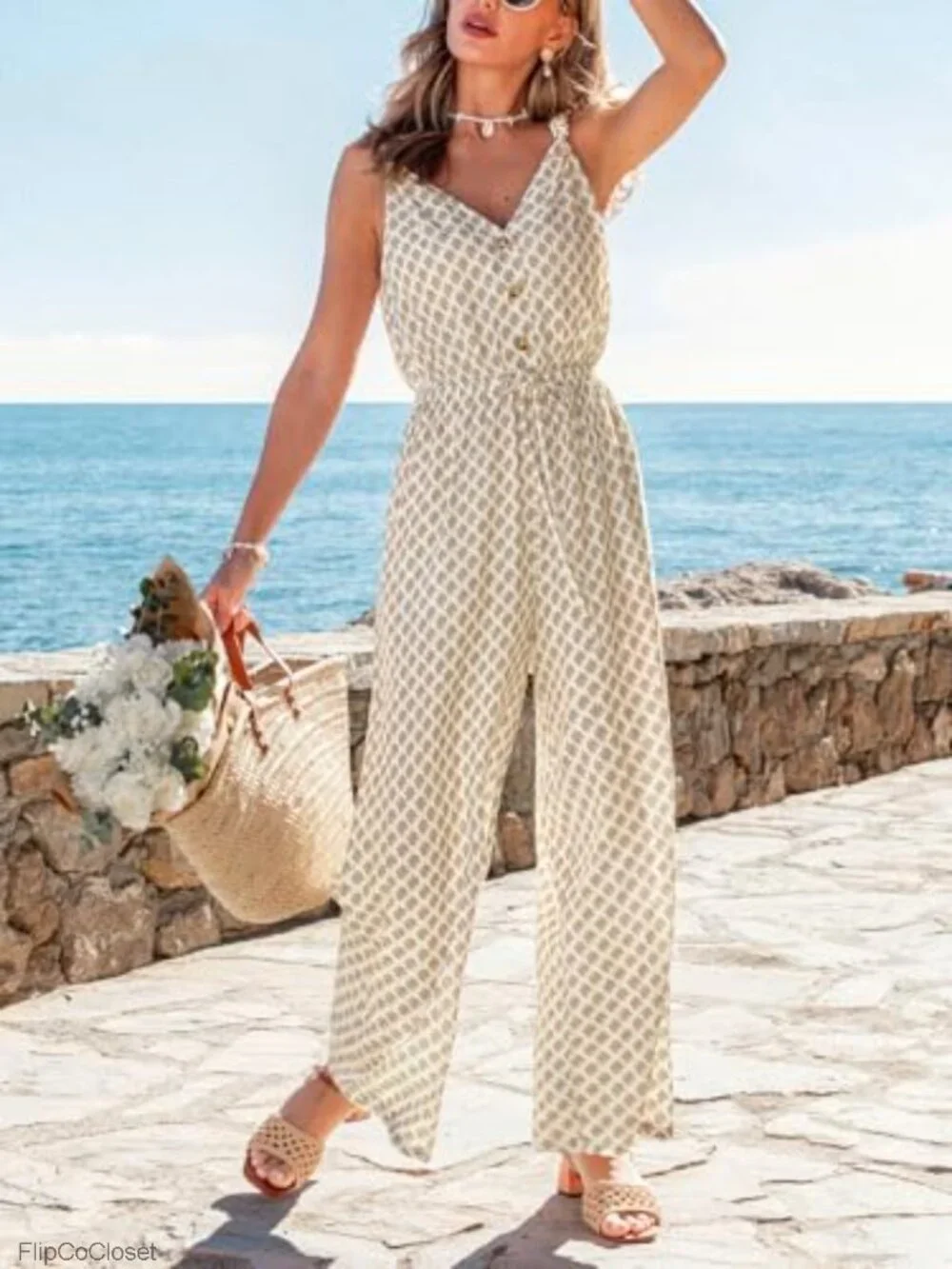Womens Sleeveless Wide Leg Jumpsuit Loose Romper with Pockets